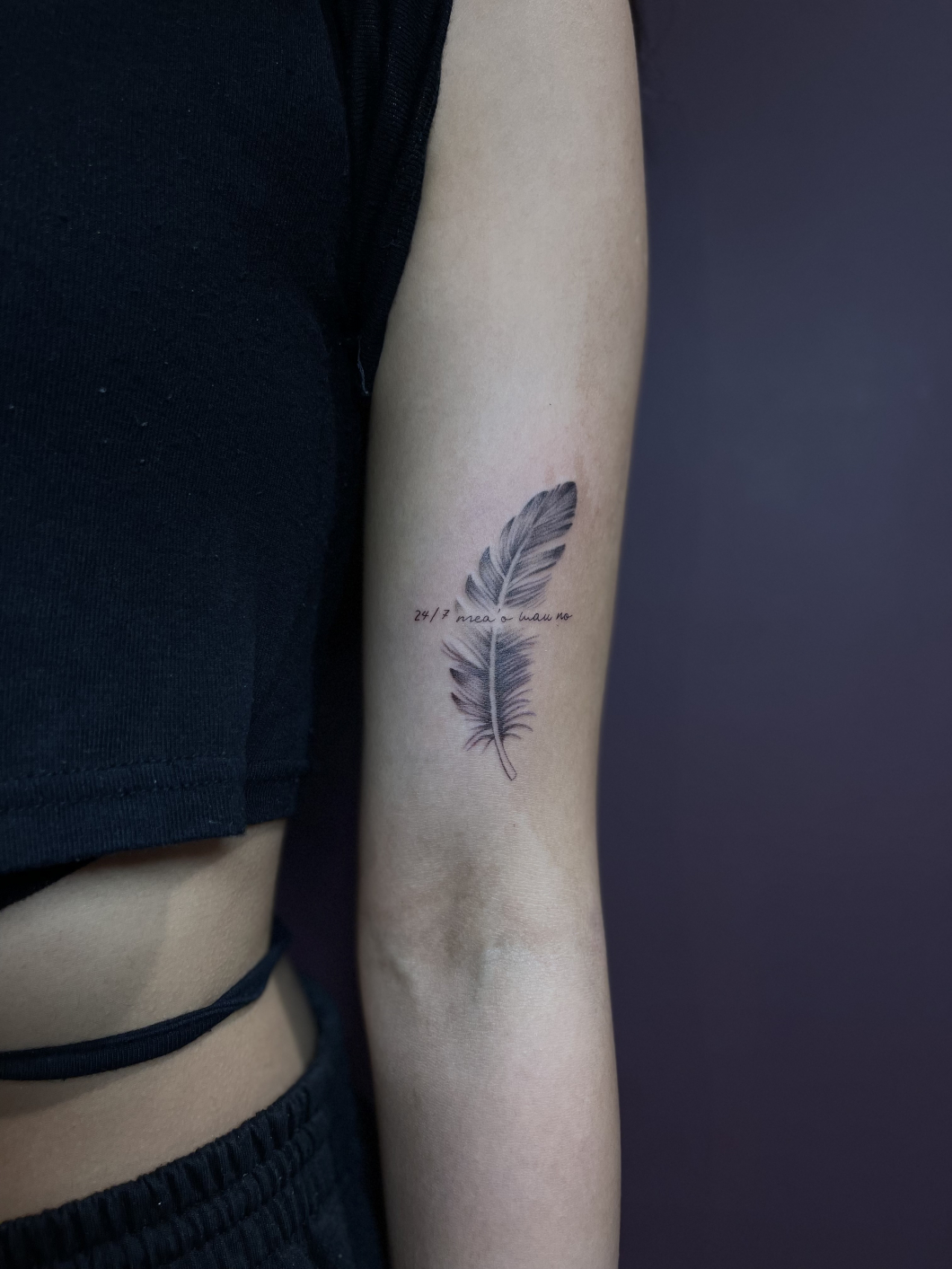 Feather × lettering tattoo